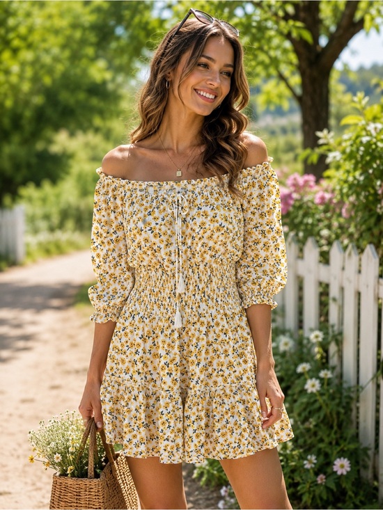 J for Justify Dresses & Skirts - 39A. J for Justify Yellow Floral Off-Shoulder Smocked Mini Dress